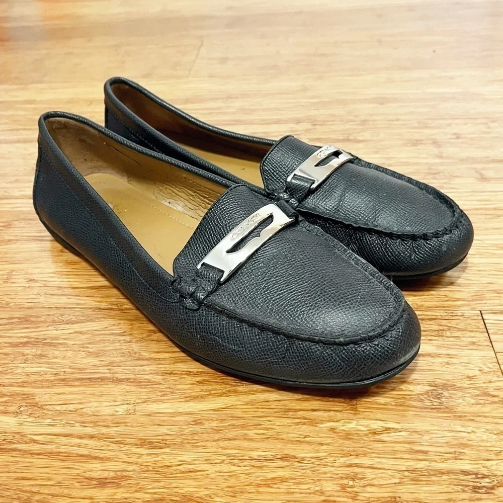 Coach Olympia Cross Grain Leather Black Slip-On Driving Loafers Shoes. Size 10